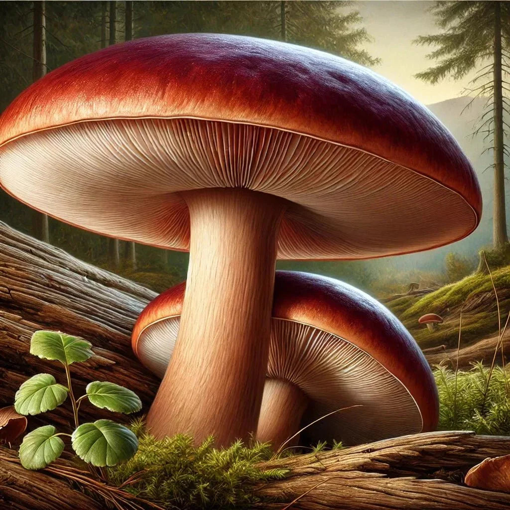 Two large, realistic Wine Cap Mushrooms with rich brown caps and thick white stems rise from moss and leaves on a forest floor. Sunlight peeks through trees, enhancing the tranquil vibe. Check out Zugzologys Wine Caps Culinary Mushroom Liquid Culture (10cc) to grow your own.