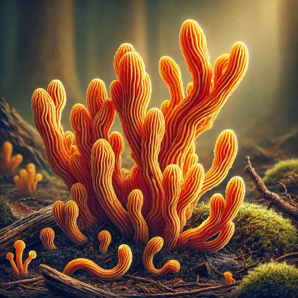 In a serene forest, vibrant orange fungi resembling Zugzologys Cordyceps (10cc) Culinary Mushroom Liquid Culture emerge with wavy, ribbed textures. Soft lighting casts a warm glow on them and the surrounding moss and twigs, creating a magical atmosphere.