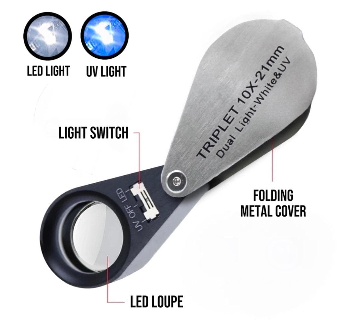 Folding Dual-Light 10x Magnifying Loupe Lens