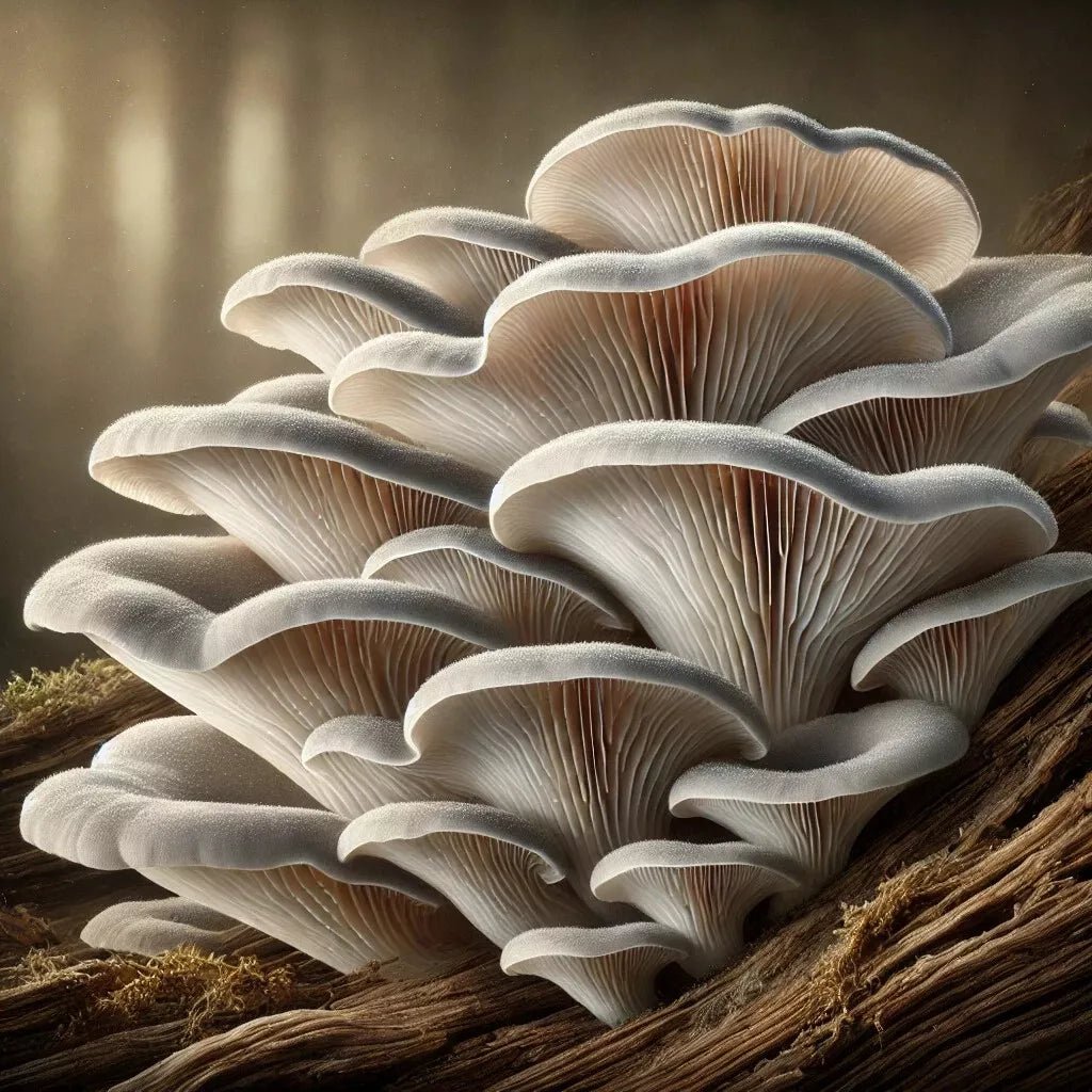 A cluster of Pearl Oyster Mushrooms, cultivated from Zugzology’s Pearl Oyster (10cc) Culinary Mushroom Liquid Culture, fans out from weathered wood. Their delicate, wavy edges and gills are in sharp focus against a softly blurred background, highlighting the high-output sub-strains intricate beauty.