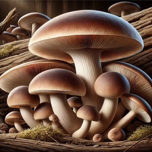 A group of realistic, large Pioppino mushrooms with brown caps and beige stems, cultivable with Zugzologys 10cc Culinary Mushroom Liquid Culture, grows among wooden logs. Moss and smaller fungi enhance the natural ambiance. Lighting highlights textures for a mystical feel.