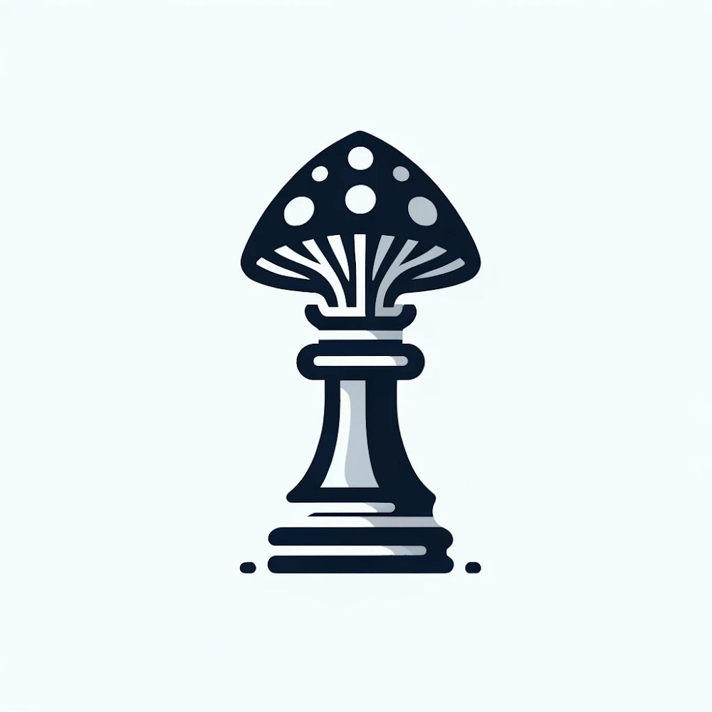 The Zugzology Gift Card features a chess pawn designed like a mushroom. The pawns top is a cap with white spots, and its stem resembles the base of a pawn. This luxurious, premium design comes in black and white against a light background.